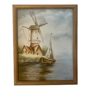 Vintage Dutch Windmill and Sailboat Oil on Canvas, Signed by Artist