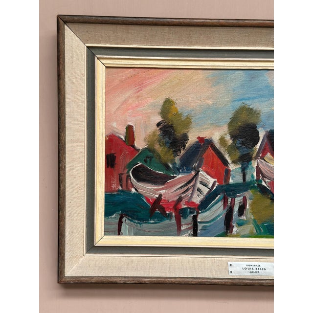 Original Swedish Oil on Panel – “Boats in Fishing Village” by Louis Zelig (1922–1993) – Signed – Vintage & Framed – 38 ×...