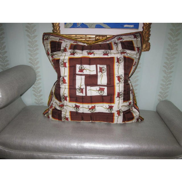 English Vintage Quilted Hermes-Style Silk Scarf Throw Pillow Cover For Sale - Image 3 of 4