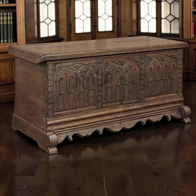 Gothic 19th Century Gothic Revival Carved Oak Trunk With Hand-Forged Ironwork For Sale - Image 3 of 17