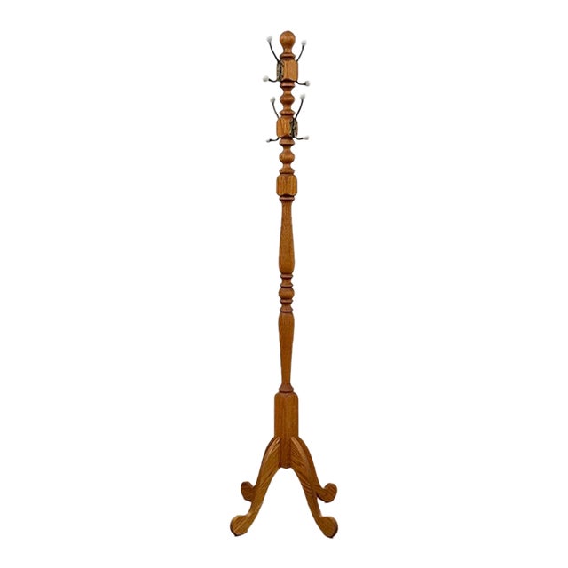 Vintage Brass Wood Coat Rack Porcelain Cream Knobs Entryway Hat Rack For Sale
