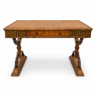 1970s Woven Rattan Victorian Style Faux Bamboo Desk For Sale