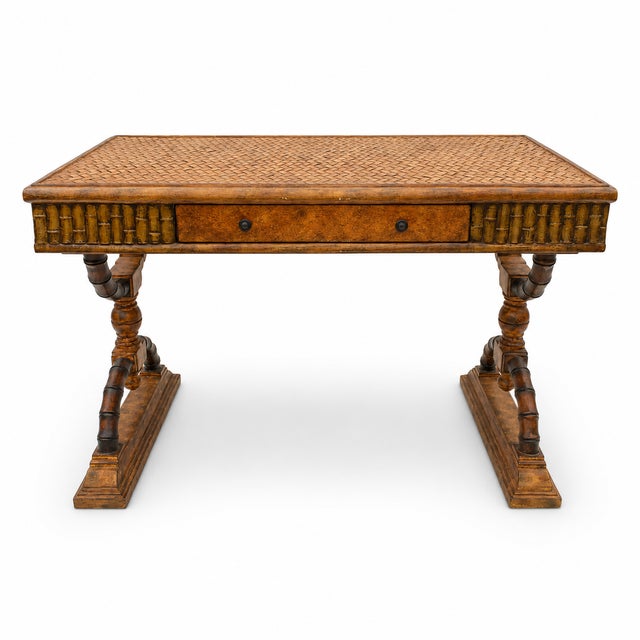 1970s Woven Rattan Victorian Style Faux Bamboo Desk For Sale