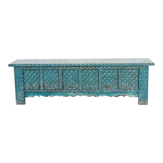 Long Turquoise Blue Carved Credenza For Sale