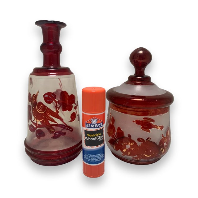 Glass Vintage Bohemian Glass Bottle and Lidded Jar - Set of 2 For Sale - Image 7 of 9