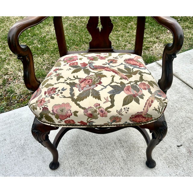 Antique Carved Walnut Queen Anne Style High Back Arm Chair W/Stretcher Base For Sale - Image 4 of 13
