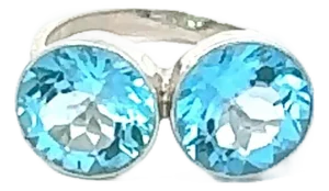 Two Stone Blue Topaz Faceted Round Cut 10 Mm Ring in Solid Silver - Size 7.5