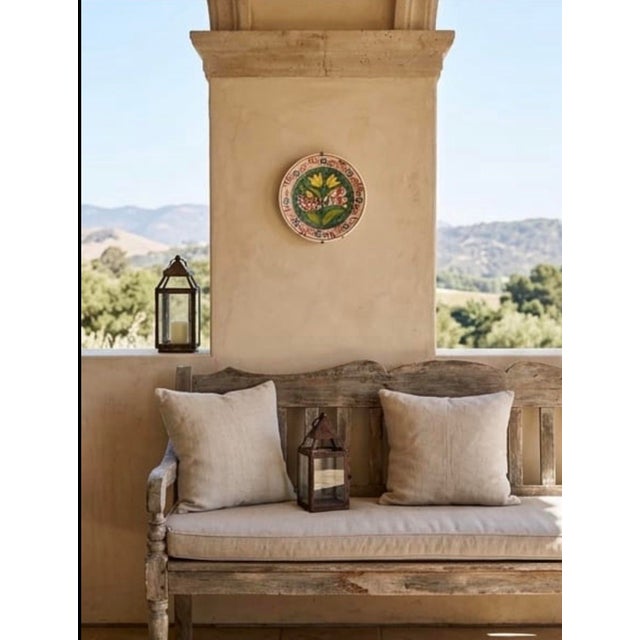 Green Vintage Hand-Painted Mediterranean Terracotta Ceramic Wall Plate – Bird & Tulip Motif For Sale - Image 8 of 12