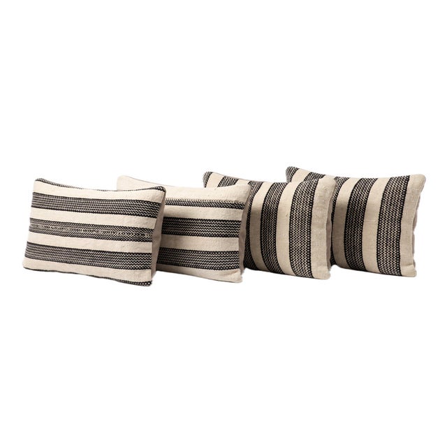 Mid-Century Modern Gray Striped Kilim Lumbar Pillow Cover - Set of Four For Sale - Image 3 of 4