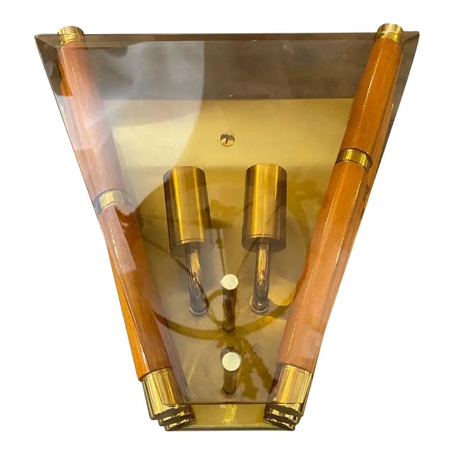 1980s Modernist Glass, Wood and Brass Italian Wall Sconce For Sale