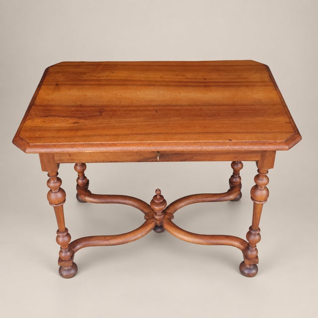 Wood 20th Century Louis XIII Style Walnut Writing Table With X-Form Stretcher For Sale - Image 7 of 10