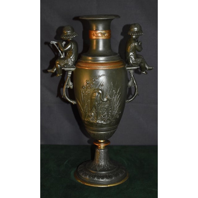 Vintage Mixed Metal Vase French Style Urn With Figural Cherubs and Cranes For Sale - Image 11 of 17