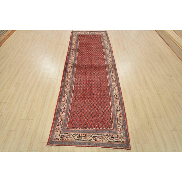 Farmhouse Mir Runner 3’7” X 10’4” Red Wool Vintage Tribal Hand-Knotted Oriental Rug For Sale - Image 3 of 14