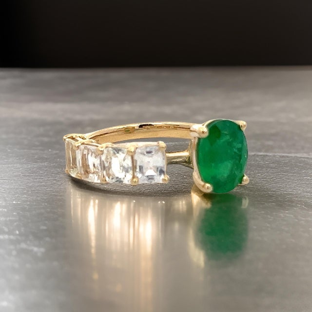 Natural Emerald and White Sapphire Ring 6.5 14k Y Gold 4.05 TCW Certified For Sale - Image 11 of 18