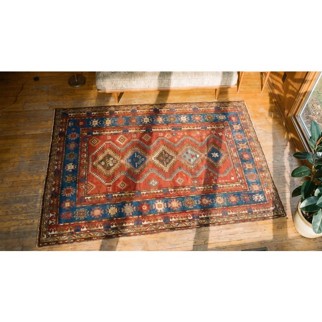 1900s Red Diamond Antique Caucasian Rug 4' 4" X 6' 0" Handknotted Wool Carpet For Sale In New York - Image 6 of 8