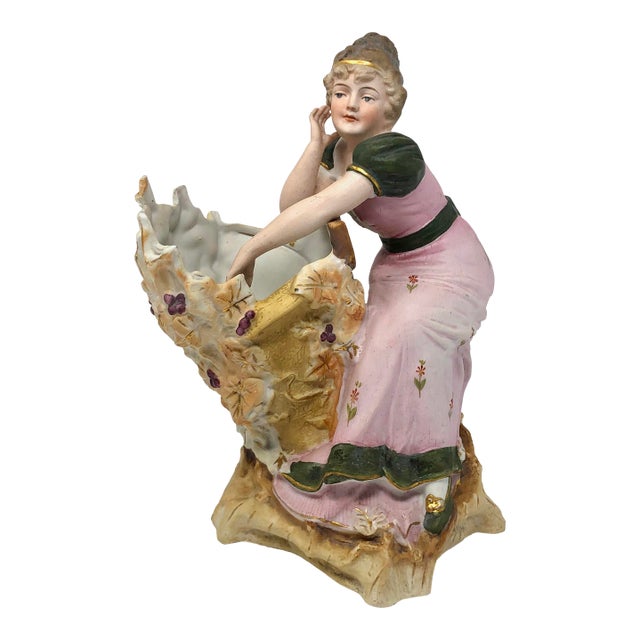 Bisque Woman Figurine Planter – 8" Hand-Painted For Sale