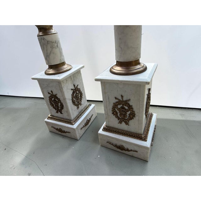 French Antique French Empire Bronze Ormolu White Marble Pedestals - A Pair For Sale - Image 3 of 10