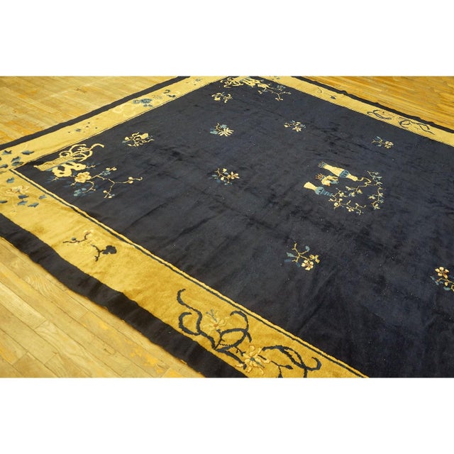 Art Deco Antique Chinese Wool Blue Rug Art Deco Design Room Size 1920s 9' 1" X 11' 5" For Sale - Image 3 of 10