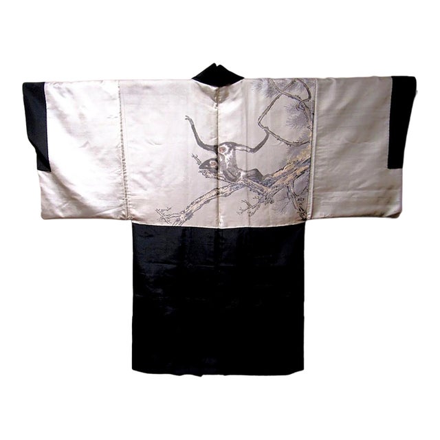 1930s Japanese Men’s Black Silk Haori With Woven Gibbons, Wall Hanging, Monkey For Sale