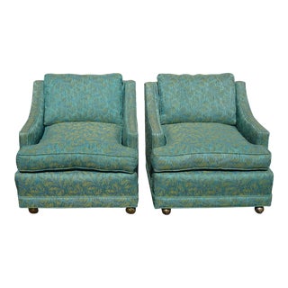 Pair of Vintage Mid Century Modern Turquoise Blue Accent Chairs on Castors For Sale