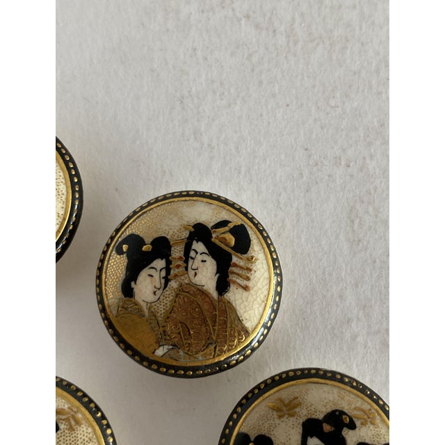 Gold Late Meiji Era Hand Painted Geisha Satsuma Button Set of 5 For Sale - Image 8 of 10