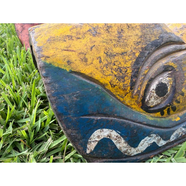 Orange Vintage Hand-Carved Wooden Folk Art Masks, Pair For Sale - Image 8 of 12