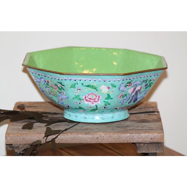 Late 19th Century Large 9.5" Antique Octagonal Canton Enamel Cloisonne Bowl For Sale - Image 5 of 8