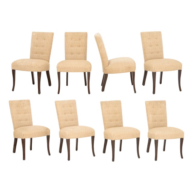 Set of Eight John Boone Tufted Beige Fabric Upholstered Dining Chairs For Sale
