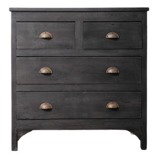 Vintage Wooden 4-Drawer Chest With Brass Shell Pulls in Charcoal Finish For Sale