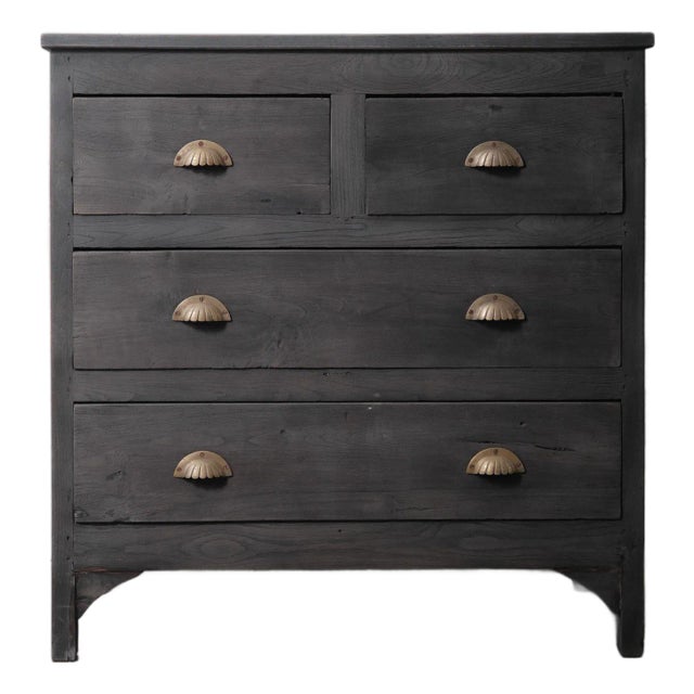 Vintage Wooden 4-Drawer Chest With Brass Shell Pulls in Charcoal Finish For Sale