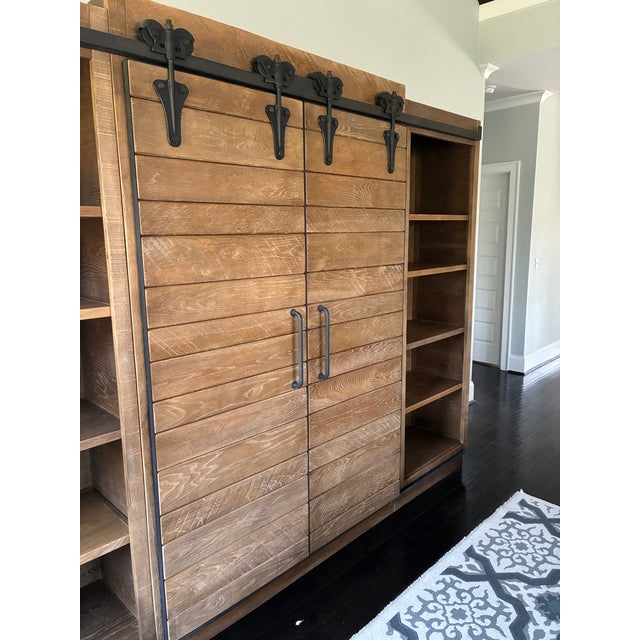 Rustic Arhaus Baumann 113" Oak Media Wall Unit With Sliding Doors For Sale - Image 3 of 17