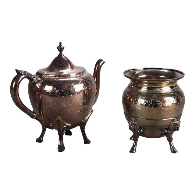 2 Piece Antique Silver Plated Footed & Figural Tea Set, Circa 1890 For Sale
