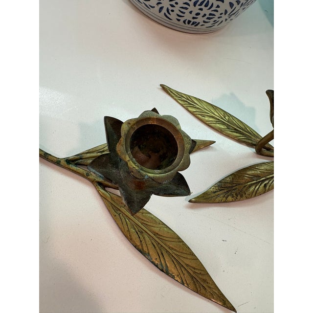 Vintage Brass Lotus Flower Candle Holders Tablescape With Leaf Bases - A Pair For Sale In Miami - Image 6 of 12