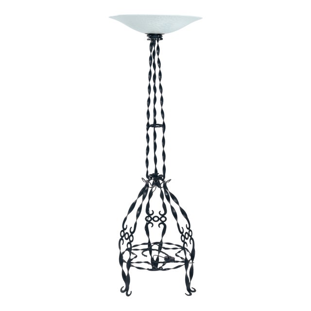 Art Deco Floor Lamp in Wrought Iron and Glass For Sale