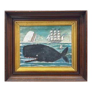 Melinda Kirkpatrick Folk Art Painting of a Sperm Whale, White Whale and Ship For Sale