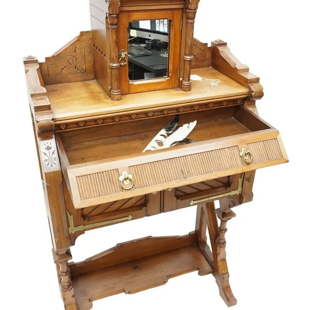 This is a very nice unique Antique Victorian Carved Fold Down Writing Desk with a Associated Vintage Carved and Caned Side...