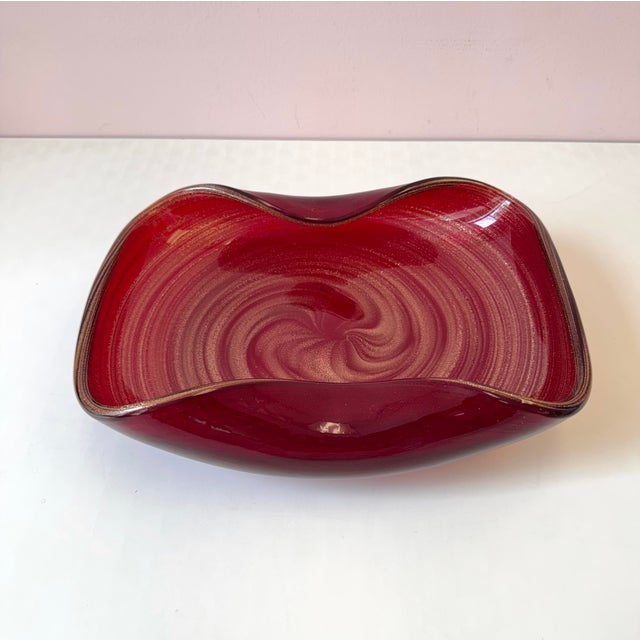 Italian Vintage Mid-Century Red Murano Glass Style Bowl With Gold Flecks For Sale - Image 3 of 10
