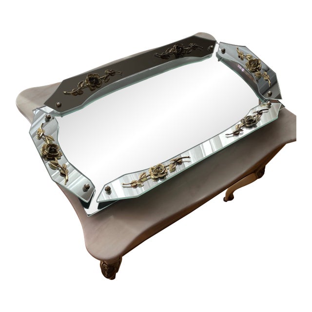 Vintage 1940s French Style Hollywood Regency Beveled Vanity Mirror With Gilt Floral Accents For Sale