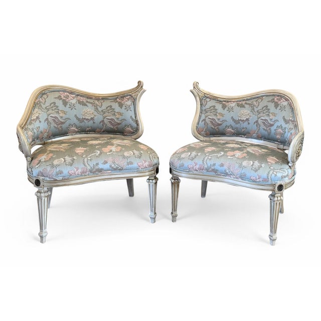 French Provincial Vintage Regency Asymmetrical Boudoir or Parlor Chairs - a Pair For Sale - Image 3 of 12