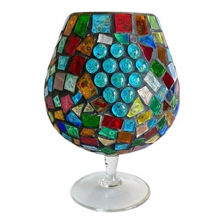Oversized Stained Glass Mosaic Goblet Candle Holder-Boho-Moroccan-Lantern-Light For Sale