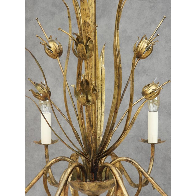 Gold Mid-Century Spanish Gilt Tôle Botanical Six-Light Chandelier, 1950s For Sale - Image 8 of 10