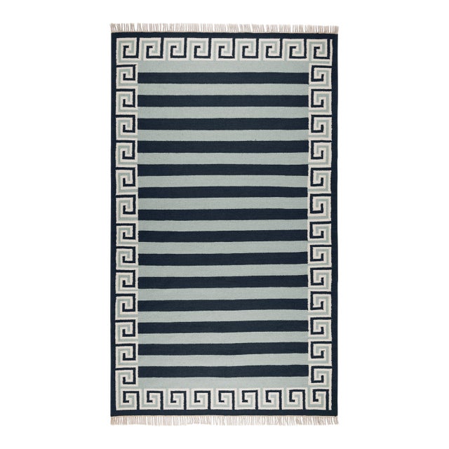 Part & Parcel Goods Wool Stripe Rug, 15' x 20', Sky Blue, Navy and Eggshell For Sale