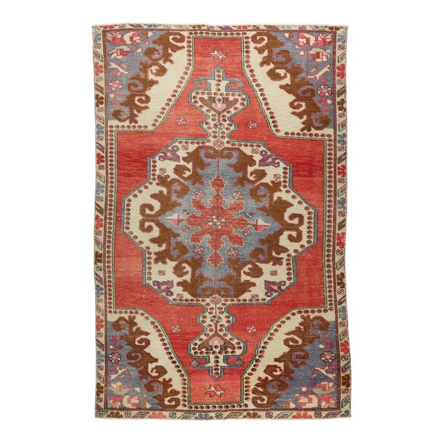 Vintage Tribal Konya Rug – Handwoven Anatolian Wool in Rich Red, Indigo, and Cream - 4' 2'' X 7' 3'' For Sale
