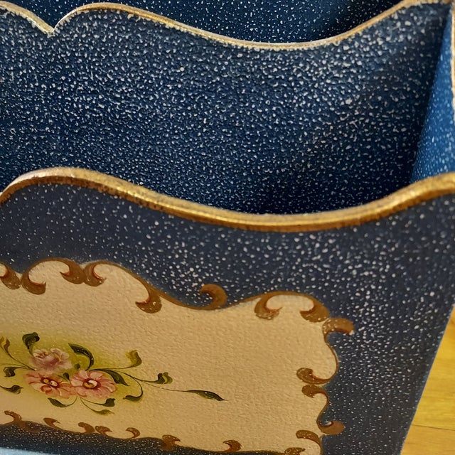 Hand Painted Floral Gilded Wood Magazine Rack Vintage Speckled Finish Handle 26" H 14" W For Sale - Image 12 of 16