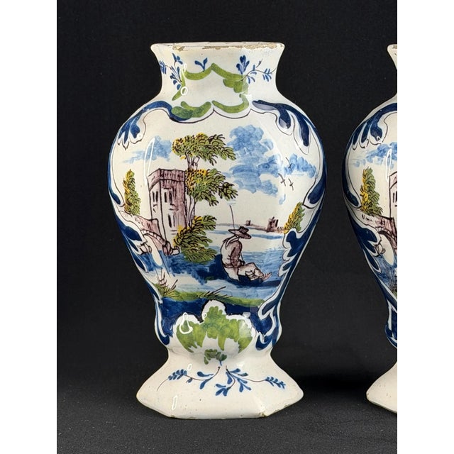 Dutch Delft Faience Vases with Hand-Painted Pastoral Scenes, Set of 2 For Sale - Image 5 of 11