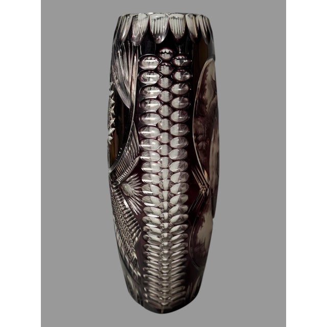 Dresden Porcelain Mid 20th Century Dresden Amethyst Cut to Clear Art Glass Vase With Landscape Hunting Scene For Sale - Image 4 of 11