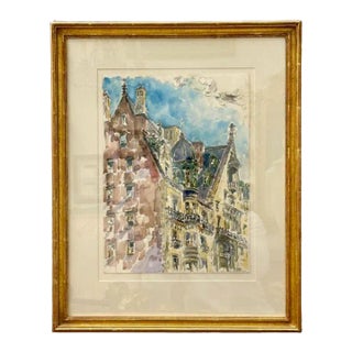 Modernist Watercolor Signed by Adam Van Doren, Architecture, City, Framed For Sale