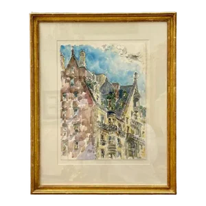 Modernist Watercolor Signed by Adam Van Doren, Architecture, City, Framed