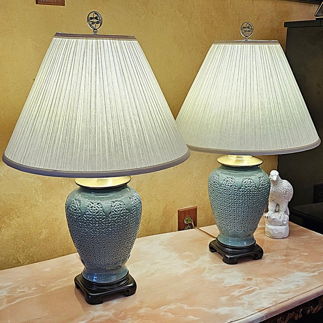 Late 20th Century Reticulated Celadon Chinoiserie Porcelain Table Lamps With Pleated Shades - 29" - a Pair For Sale - Image 14 of 18