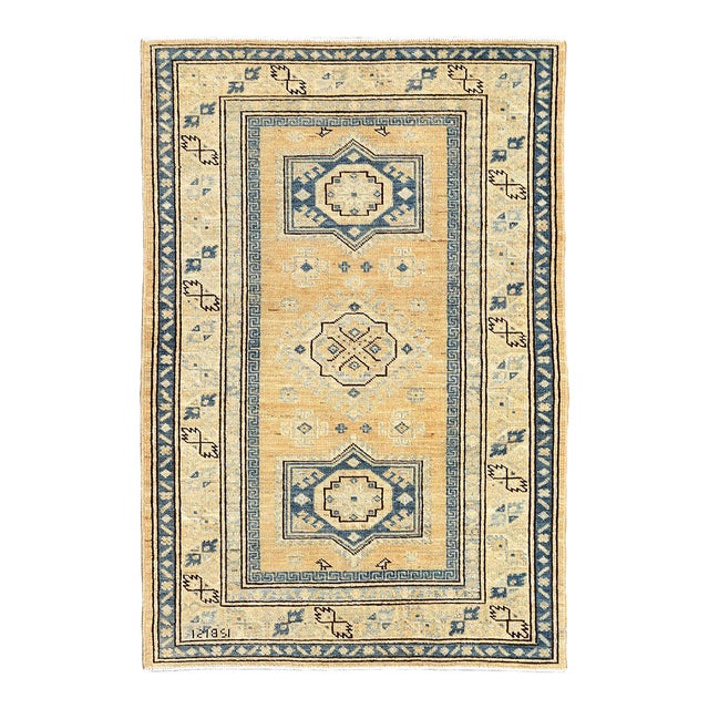 3x5 Antique-Style Apricot & Blue Medallion Rug, Ariana Hazara Caucasian Design For Sale